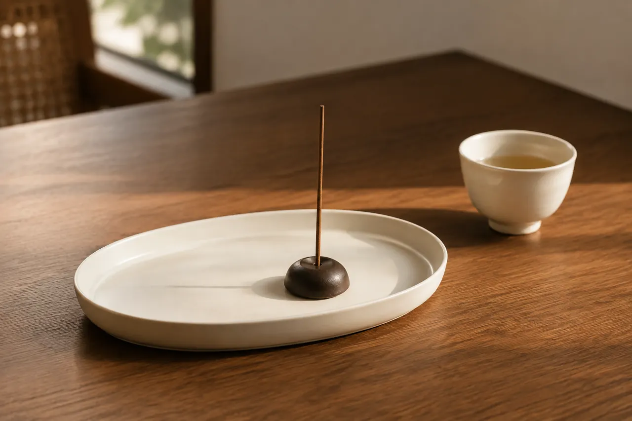 白陶盘、深褐香插与一杯茶组成简洁的日常香席